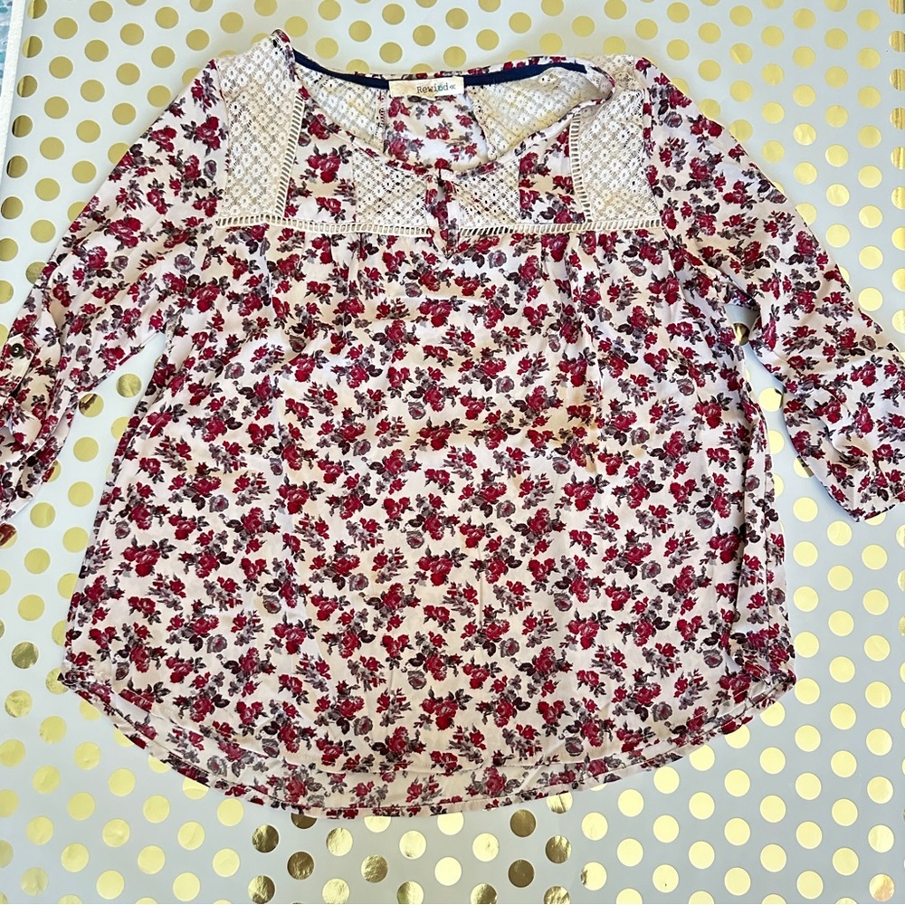 Rewind Red 3/4 Sleeve Boxy Blouse with Bib Collar